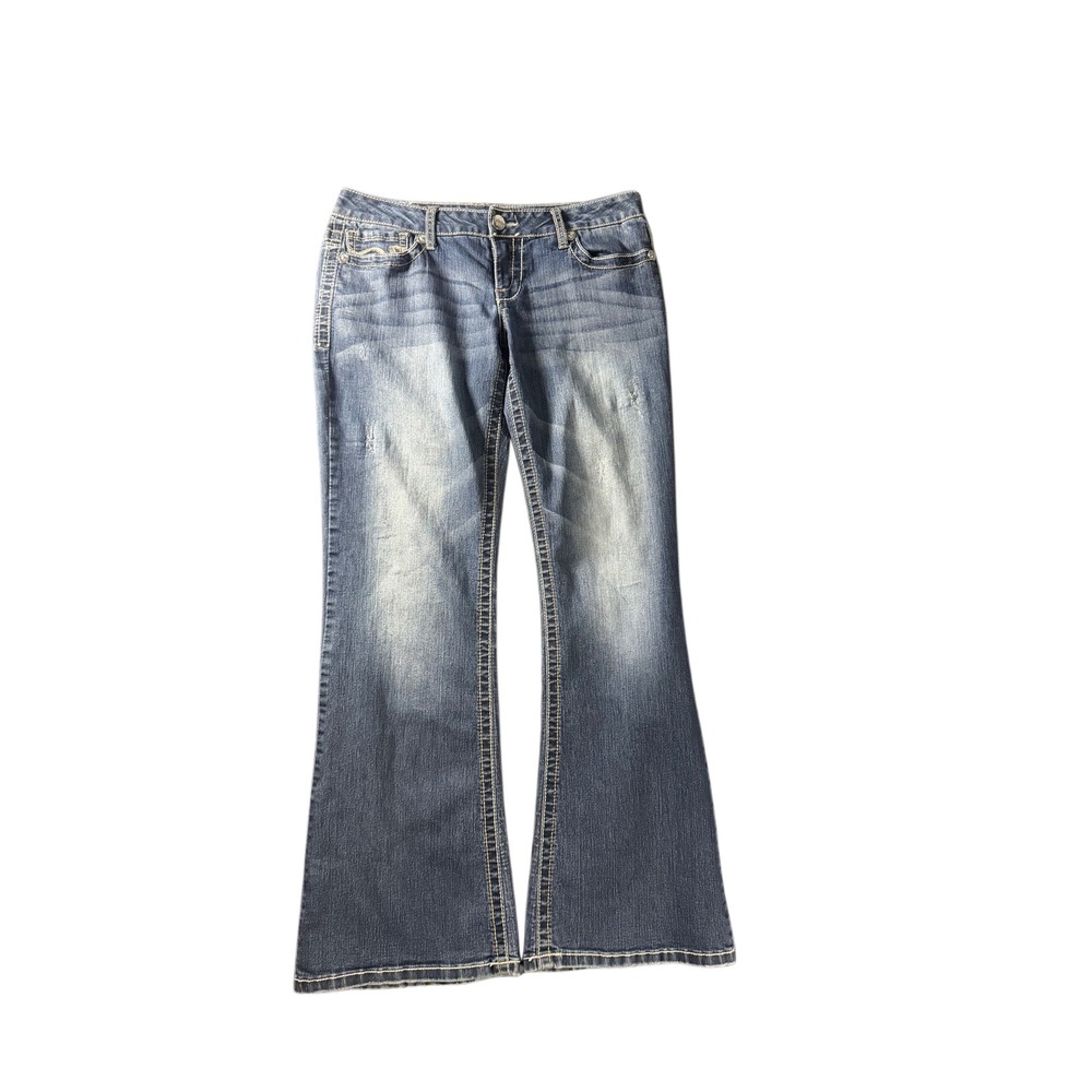 Vanity Y2K Bootcut Jeans Medium Wash Stretch Denim 28W 33L Embroidered Pockets